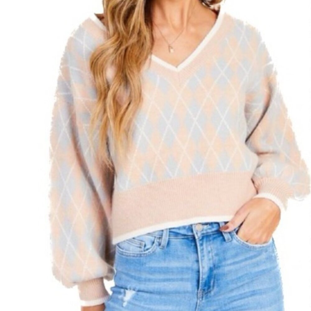 Altar'd State SZ S Pink Argyle Cropped Sweater Pastel Classic Preppy Academia